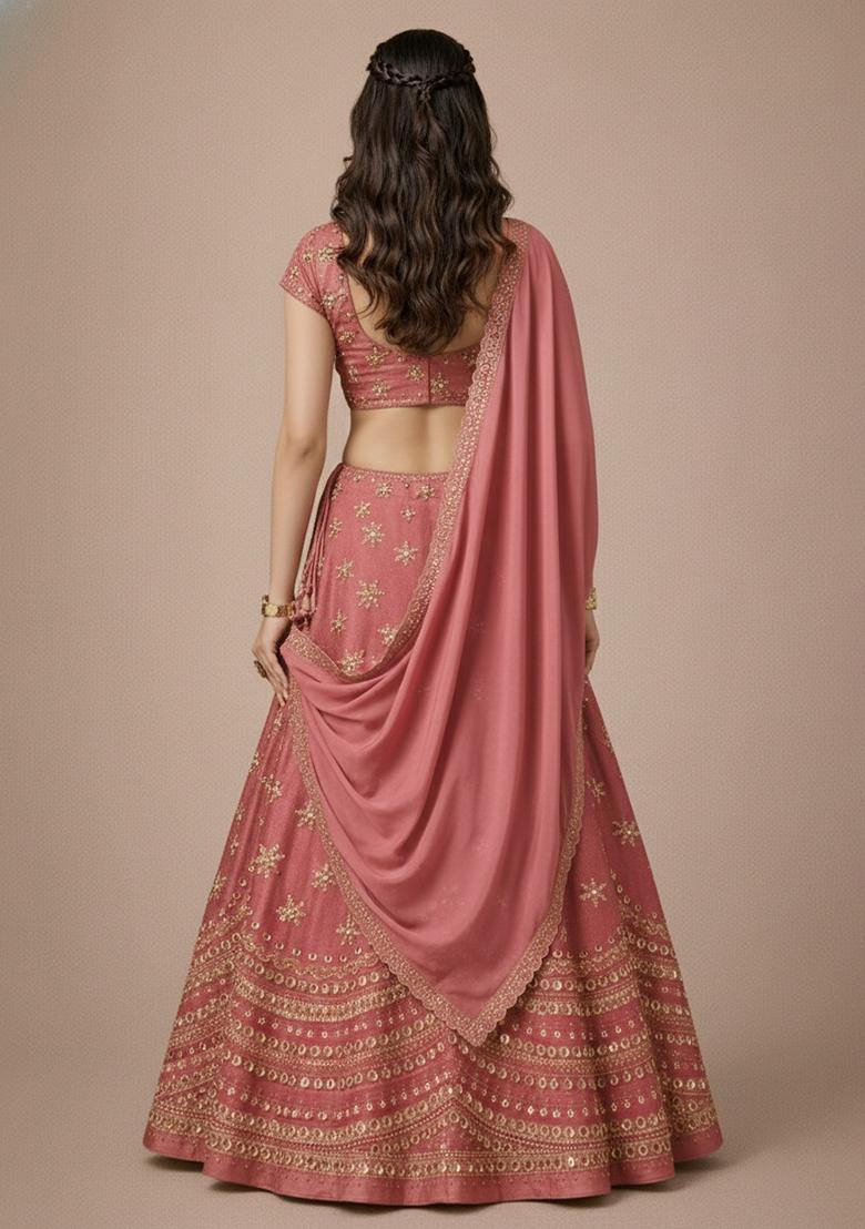 Pink Embroidered Tissue Lehenga Set - Indya