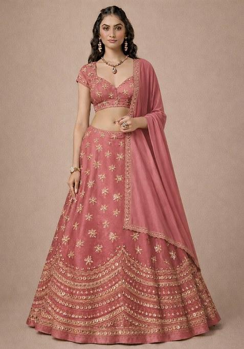 Pink Embroidered Tissue Lehenga Set