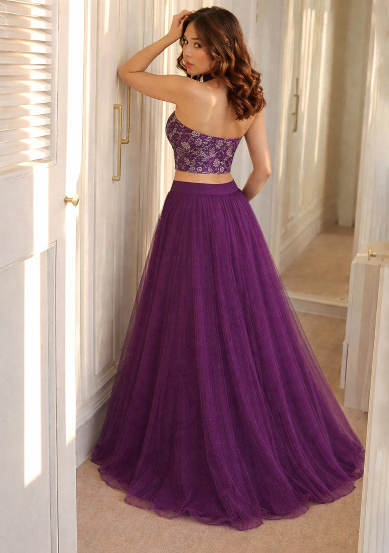 Purple Embroidered Tissue Lehenga Set - Indya