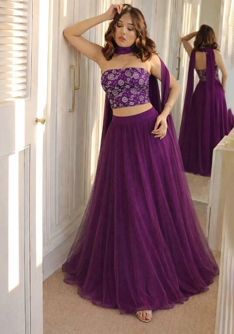 Purple Embroidered Tissue Lehenga Set