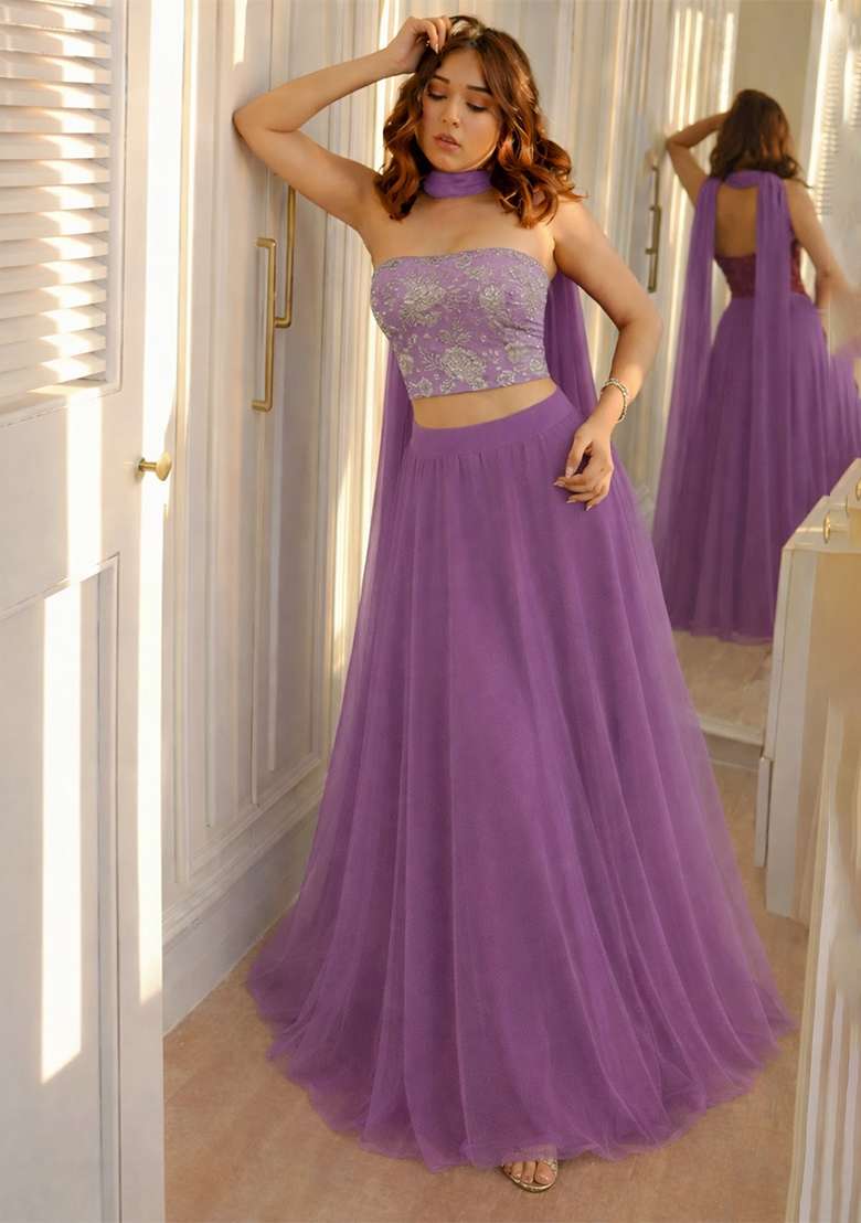 Lavender Embroidered Tissue Corset Blouse Lehenga Set - Indya