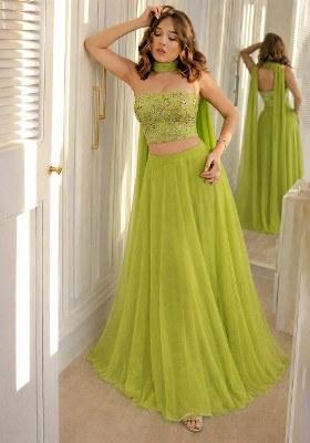 Lime Green Embroidered Tissue Lehenga Set