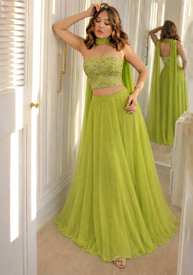 Lime Green Embroidered Tissue Corset Blouse Lehenga Set - Indya