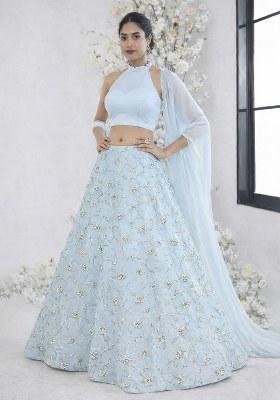 Blue Sequin Crepe Lehenga Set