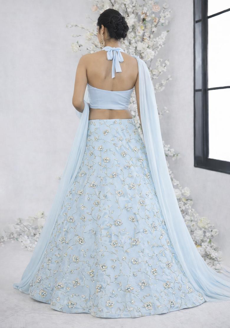 Blue Sequin Crepe Lehenga Set - Indya