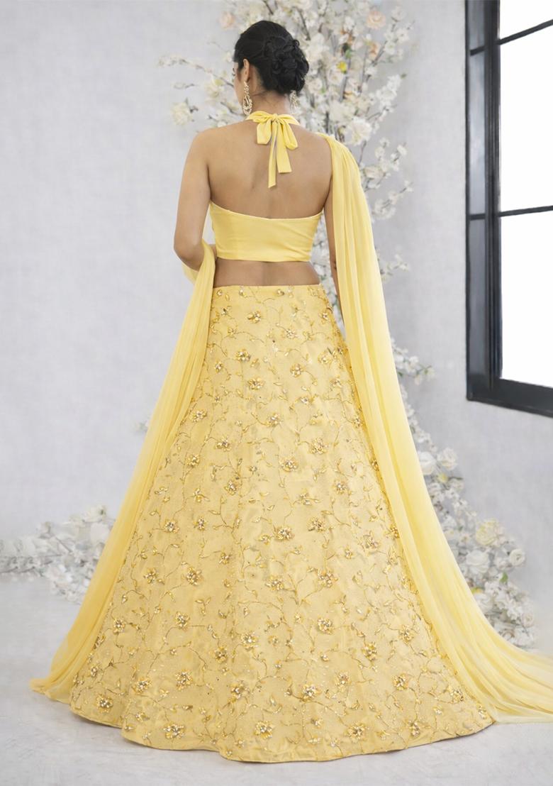 Yellow Sequin Crepe Lehenga Set - Indya