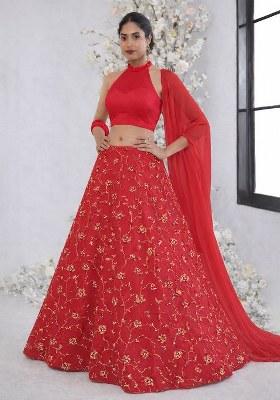 Red Sequin Crepe Lehenga Set