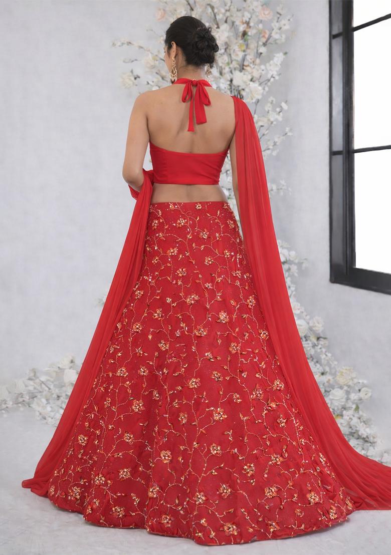 Red Sequin Crepe Lehenga Set - Indya