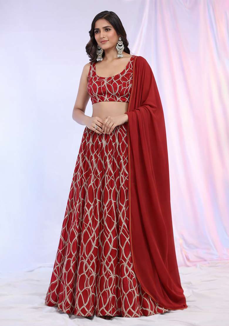 Red Embroidered Georgette Lehenga Set - Indya