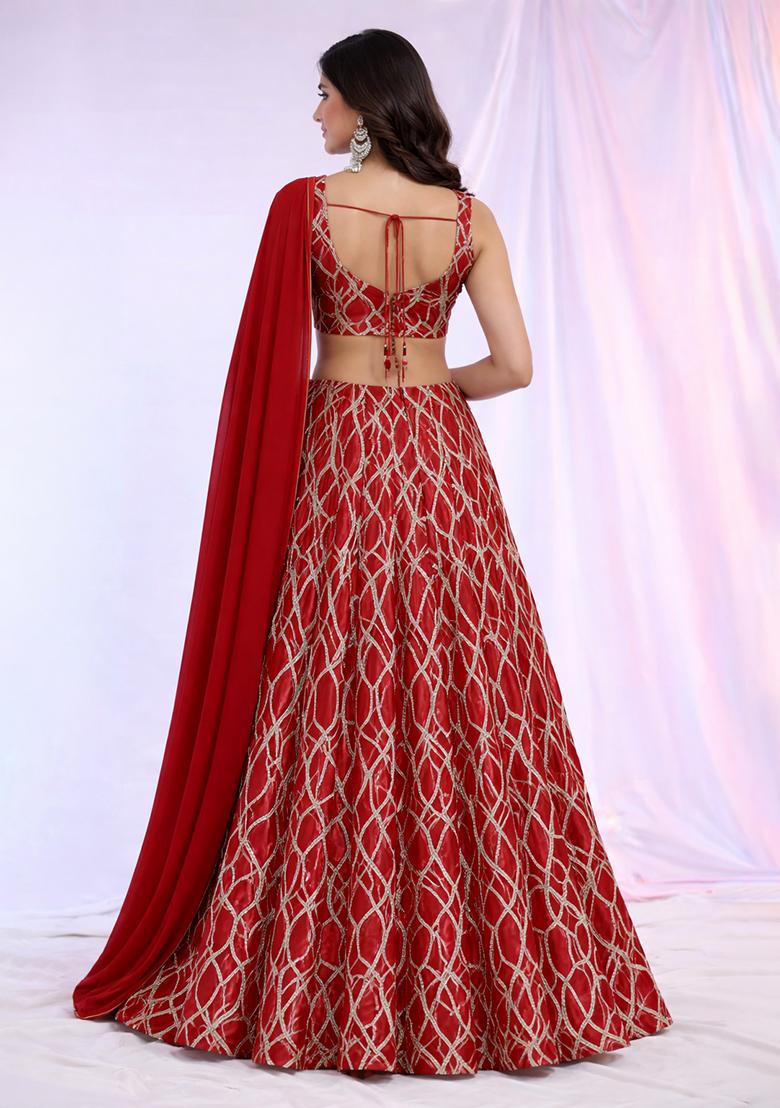 Red Embroidered Georgette Lehenga Set - Indya