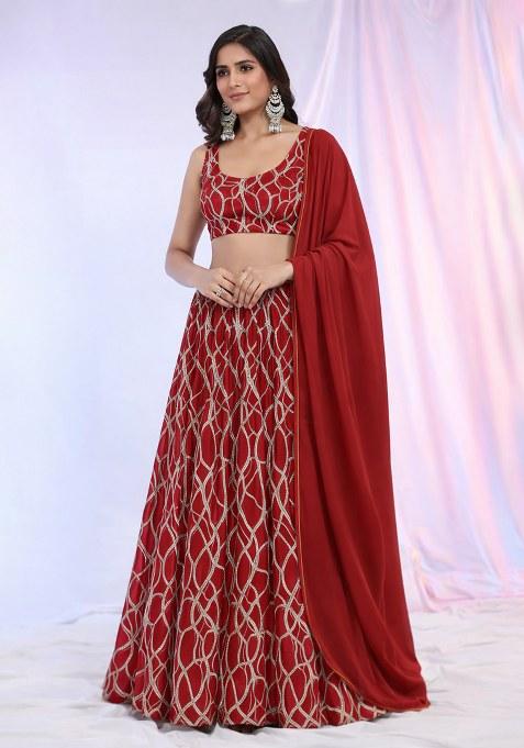 Red Embroidered Georgette Lehenga Set