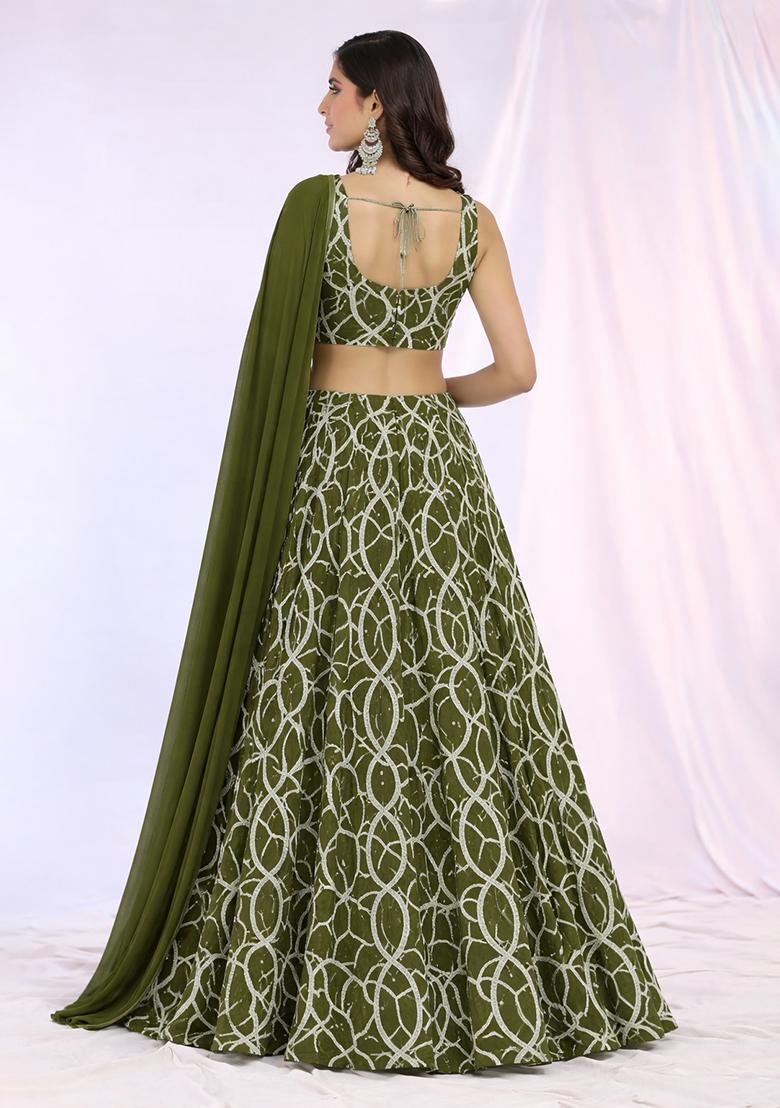 Olive Green Embroidered Georgette Lehenga Set - Indya