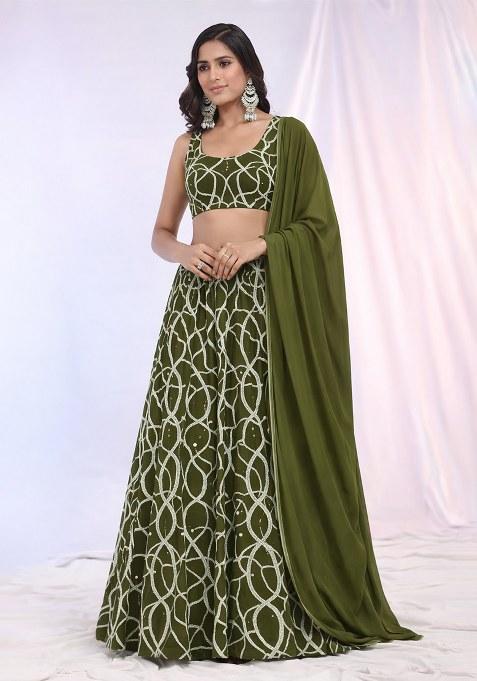 Olive Green Embroidered Georgette Lehenga Set — view on Indya
