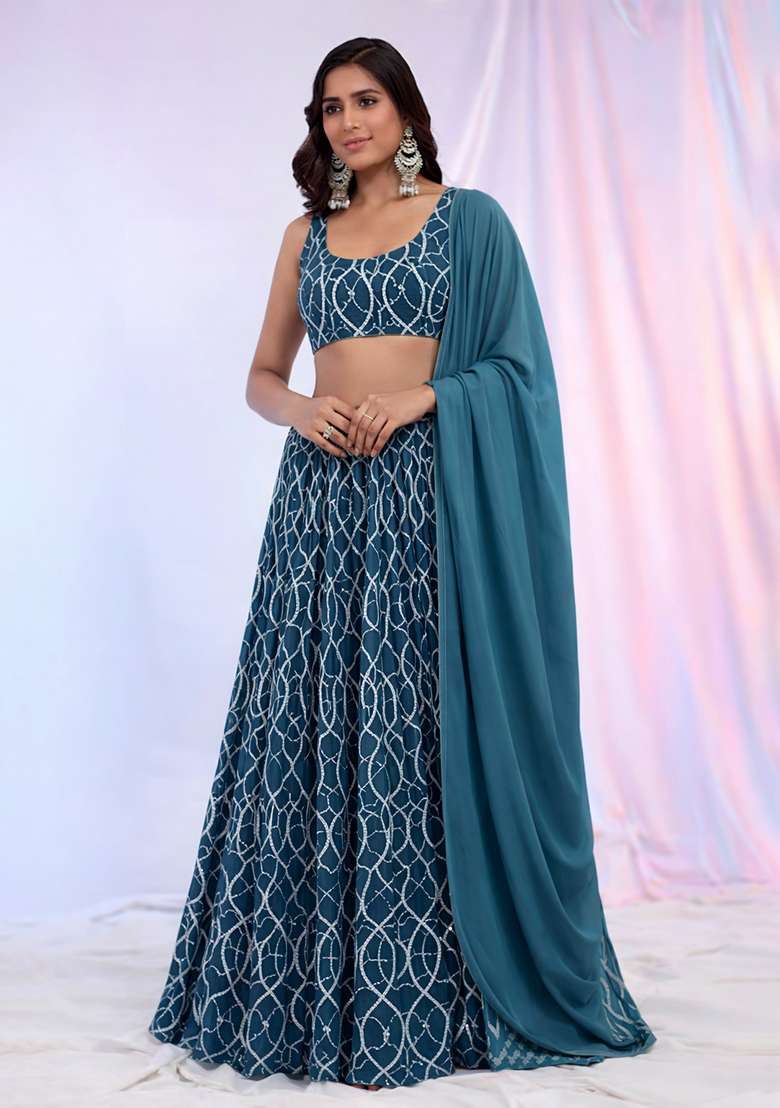 Teal Blue Embroidered Georgette Lehenga Set - Indya