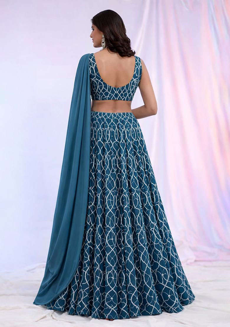 Teal Blue Embroidered Georgette Lehenga Set - Indya