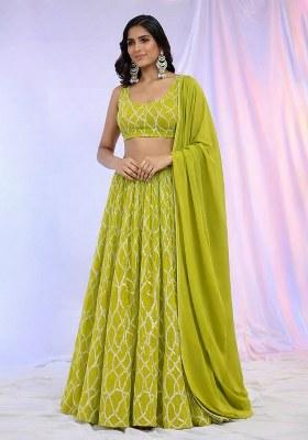 Lime Green Embroidered Georgette Lehenga Set