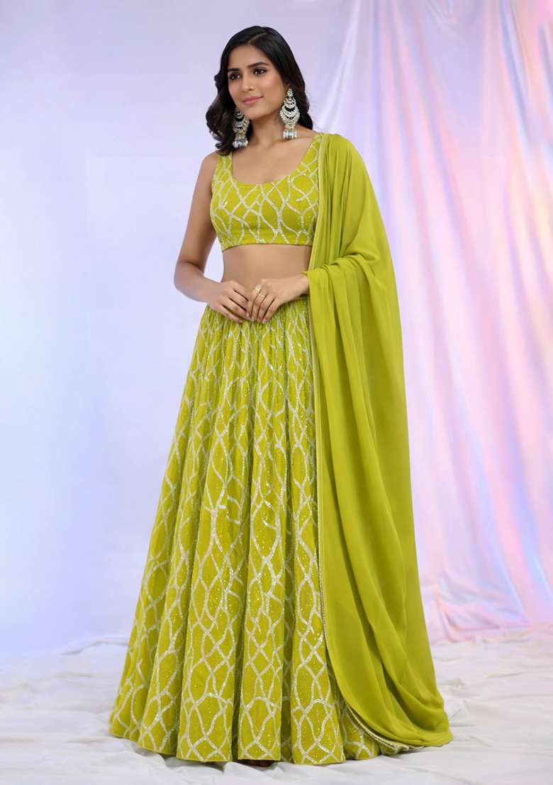 Lime Green Embroidered Georgette Lehenga Set - Indya