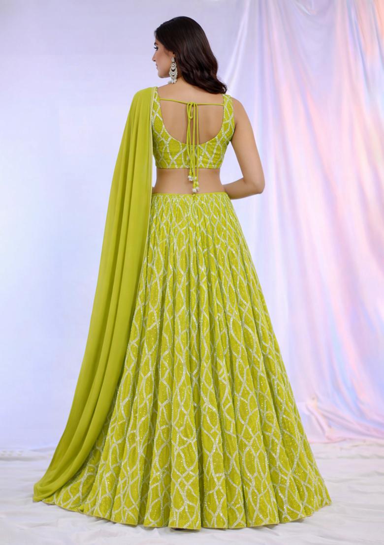 Lime Green Embroidered Georgette Lehenga Set - Indya