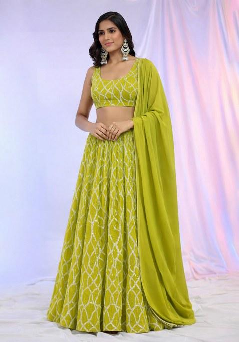Lime Green Embroidered Georgette Lehenga Set