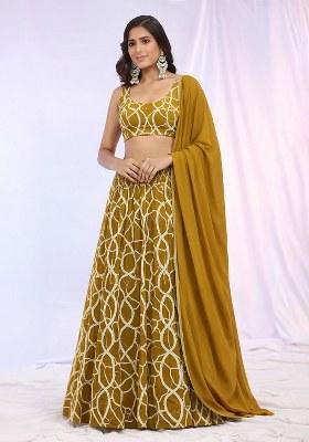 Mustard Embroidered Georgette Lehenga Set