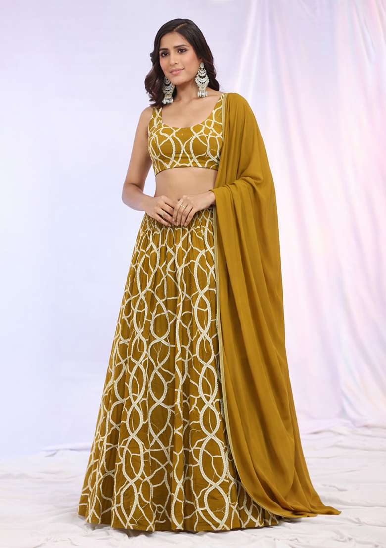 Mustard Embroidered Georgette Lehenga Set - Indya