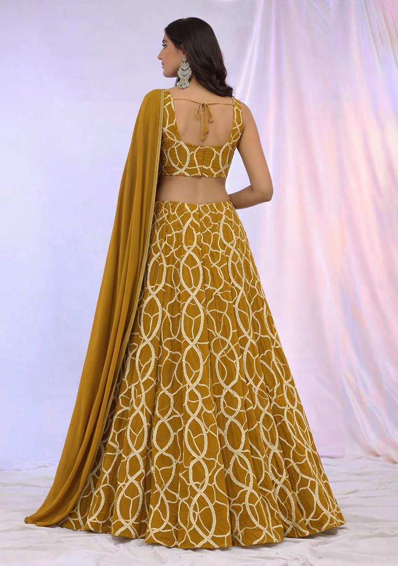 Mustard Embroidered Georgette Lehenga Set - Indya