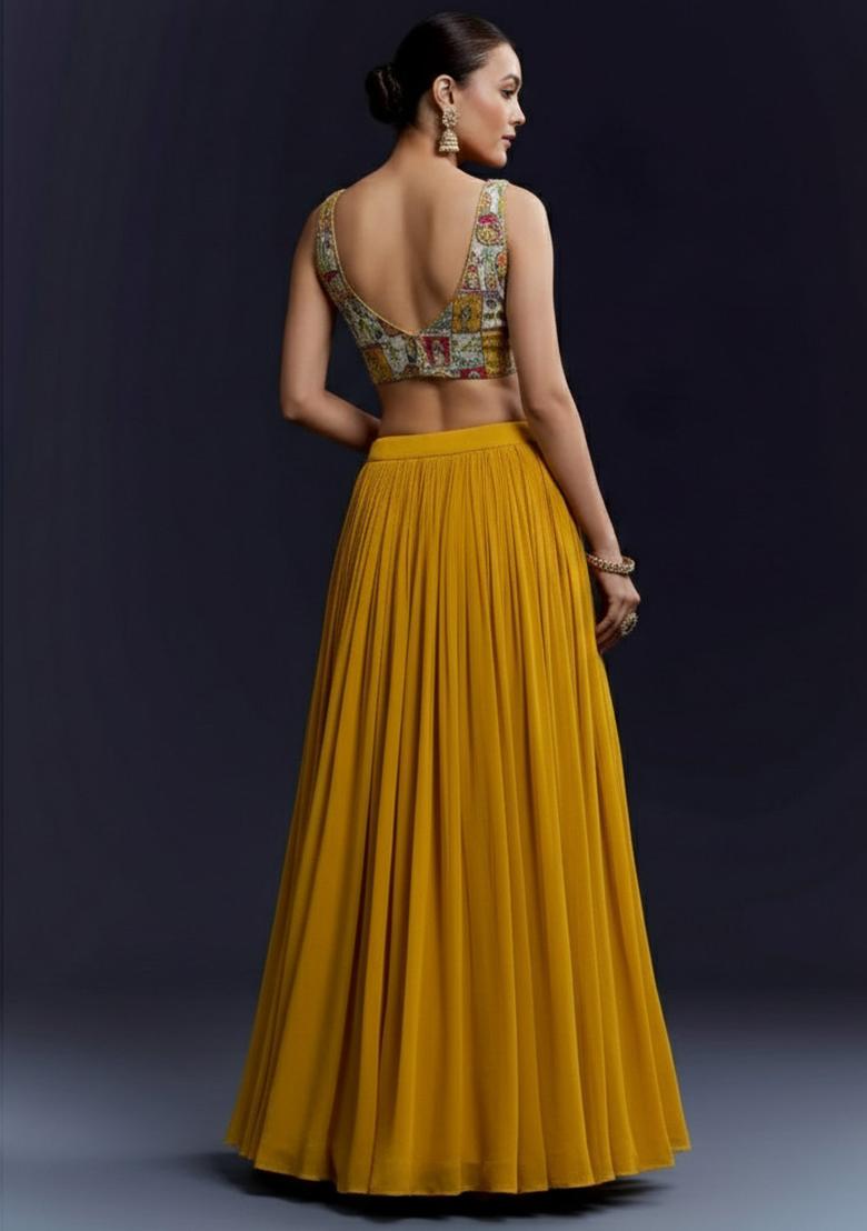 Yellow Figure Print Crepe Lehenga Set - Indya
