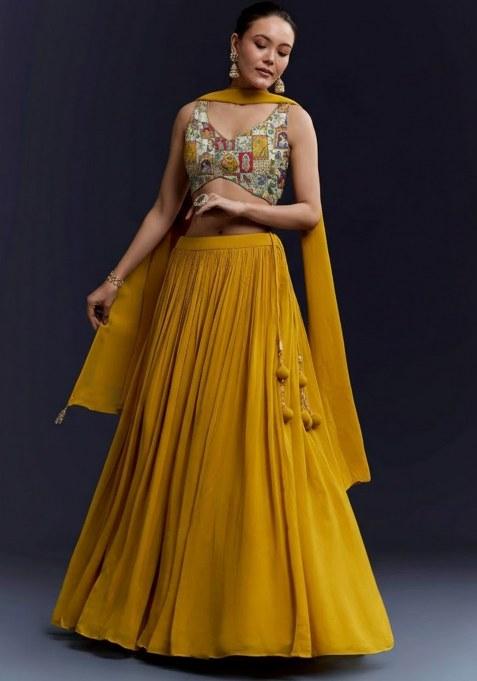 Yellow Figure Print Crepe Lehenga Set