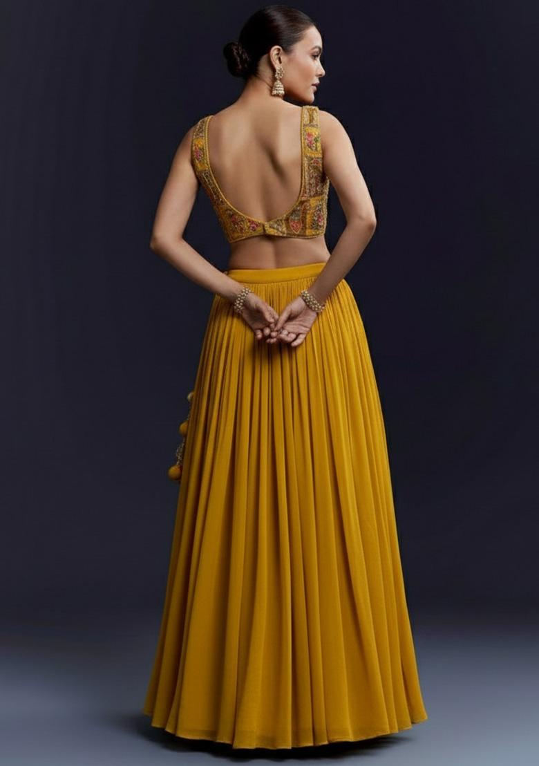 Yellow Figure Print Crepe Lehenga Set - Indya