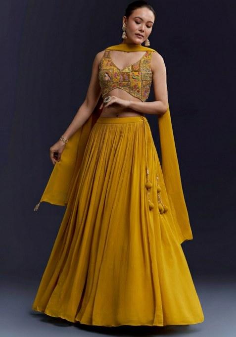 Yellow Figure Print Crepe Lehenga Set