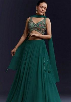 Teal Green Figure Print Crepe Lehenga Set