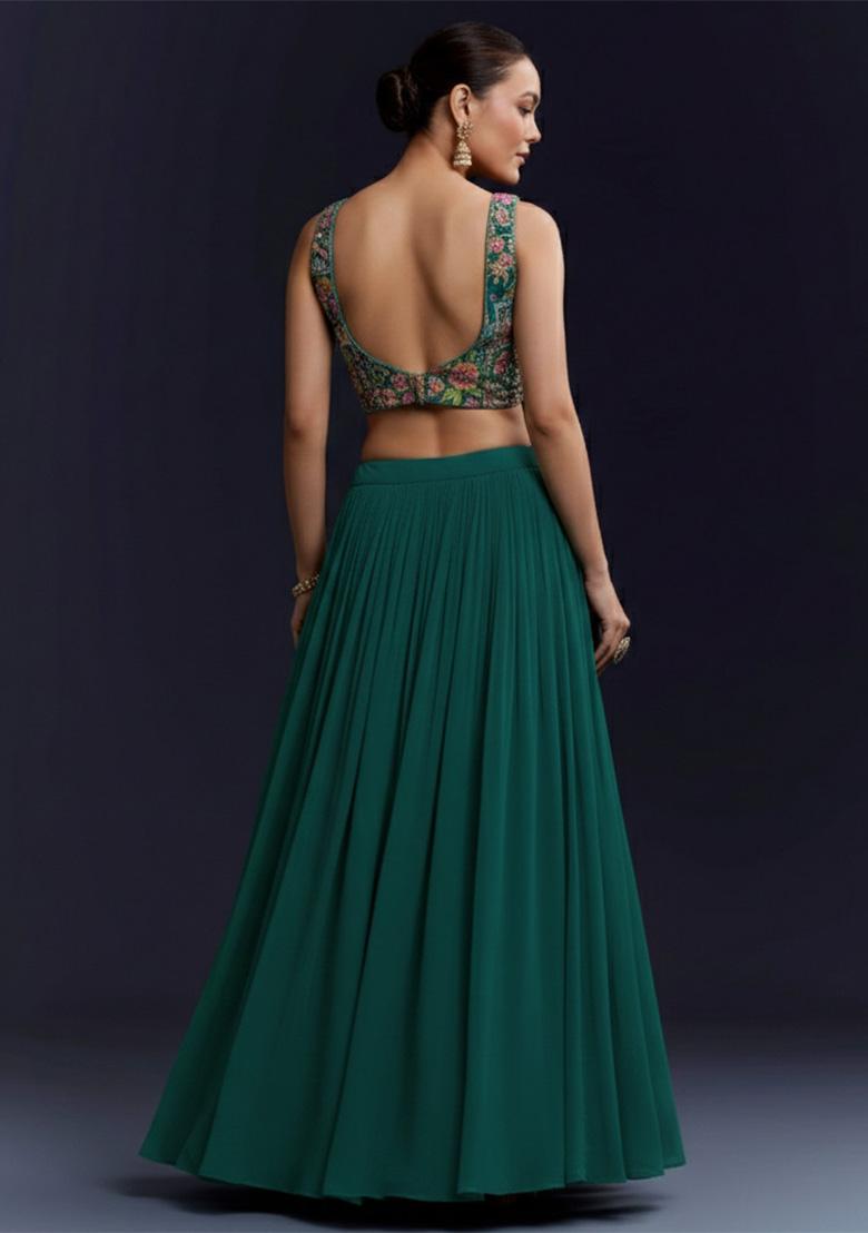 Teal Green Figure Print Crepe Lehenga Set - Indya