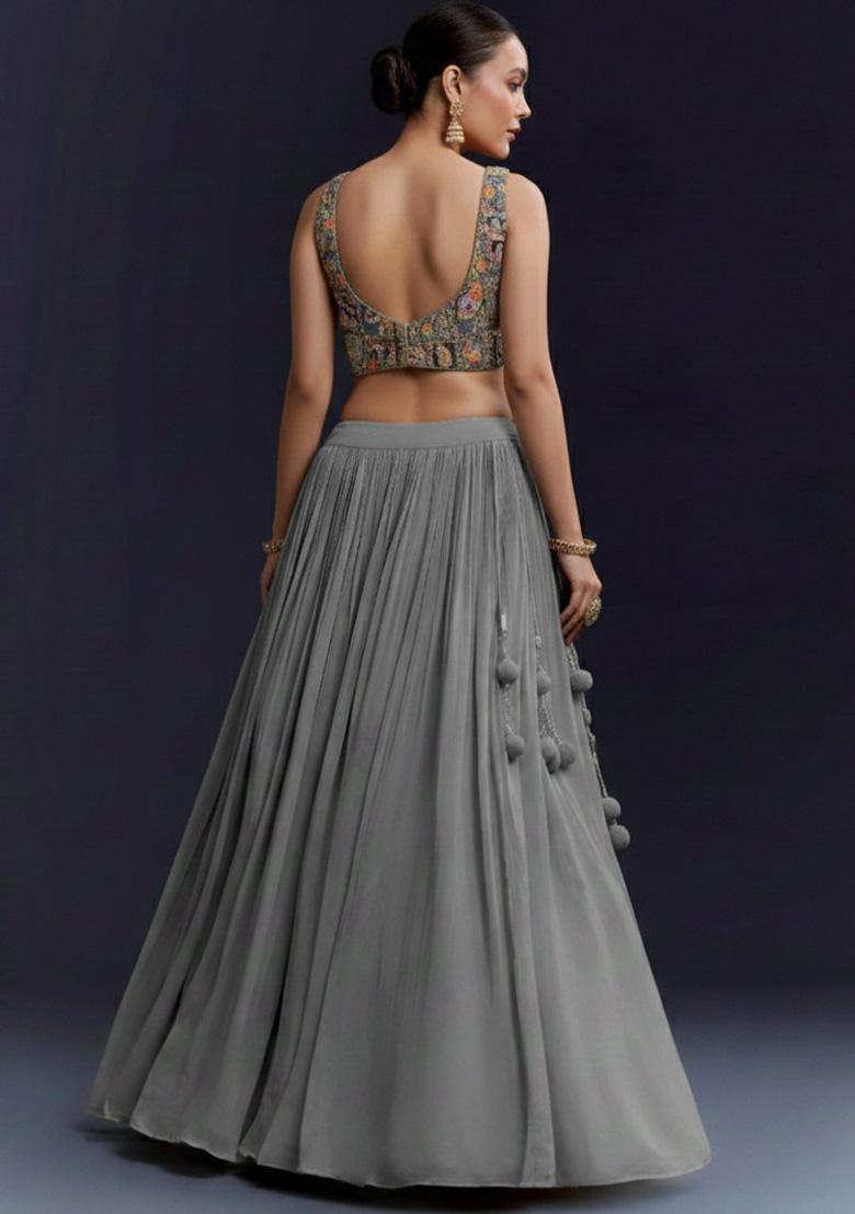 Grey Figure Print Crepe Lehenga Set - Indya