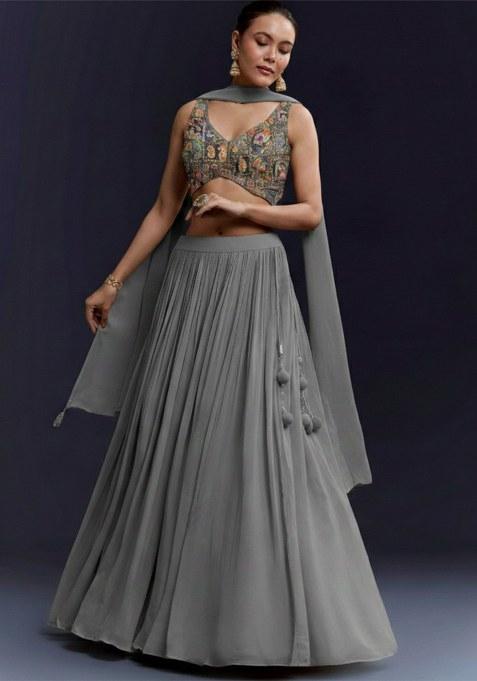 Grey Figure Print Crepe Lehenga Set