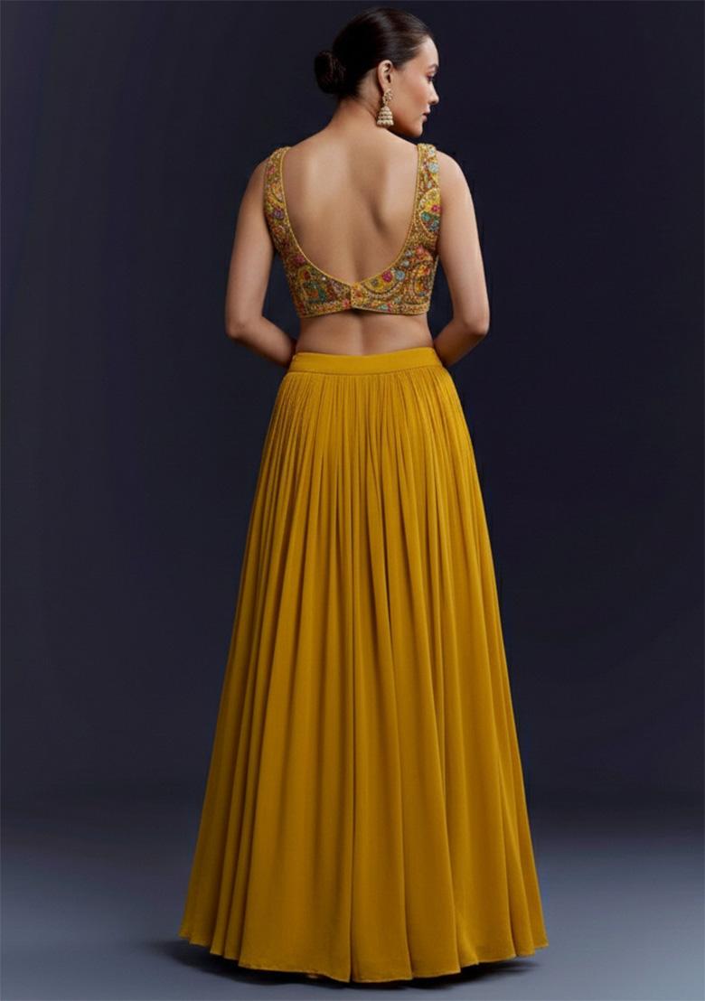 Yellow Figure Print Crepe Lehenga Set - Indya