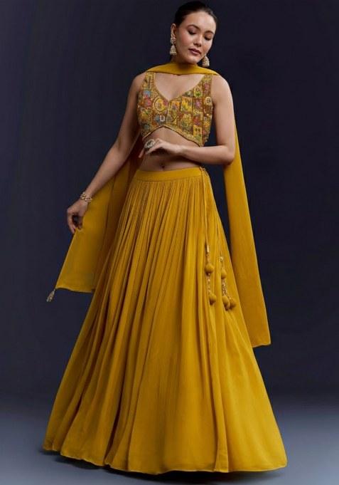 Yellow Figure Print Crepe Lehenga Set