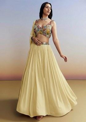 Cream Figure Print Crepe Lehenga Set