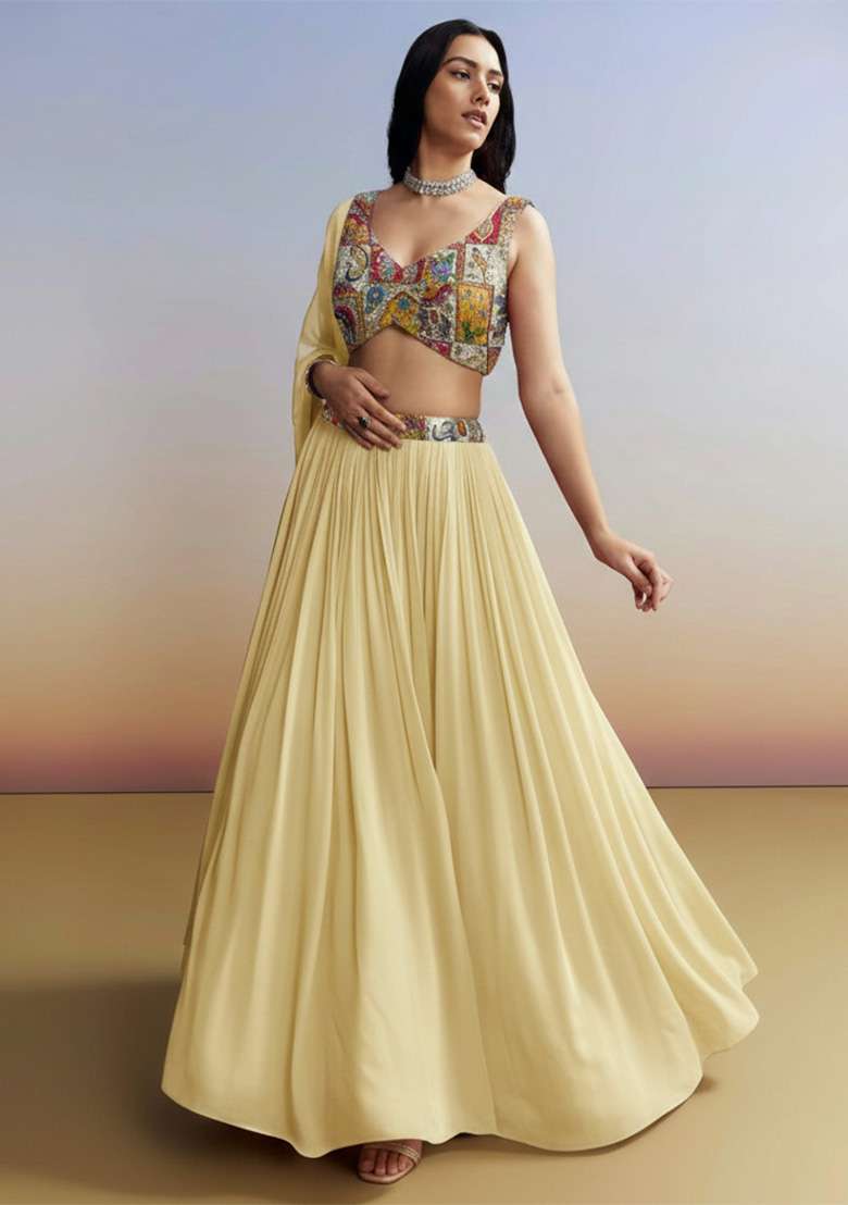 Cream Figure Print Crepe Lehenga Set - Indya