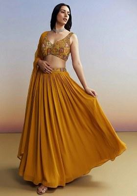 Mustard Figure Print Crepe Lehenga Set