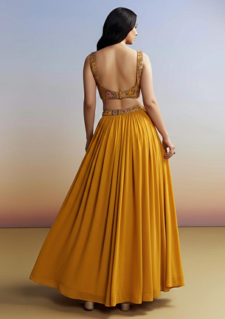 Mustard Figure Print Crepe Lehenga Set - Indya
