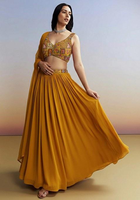 Mustard Figure Print Crepe Lehenga Set