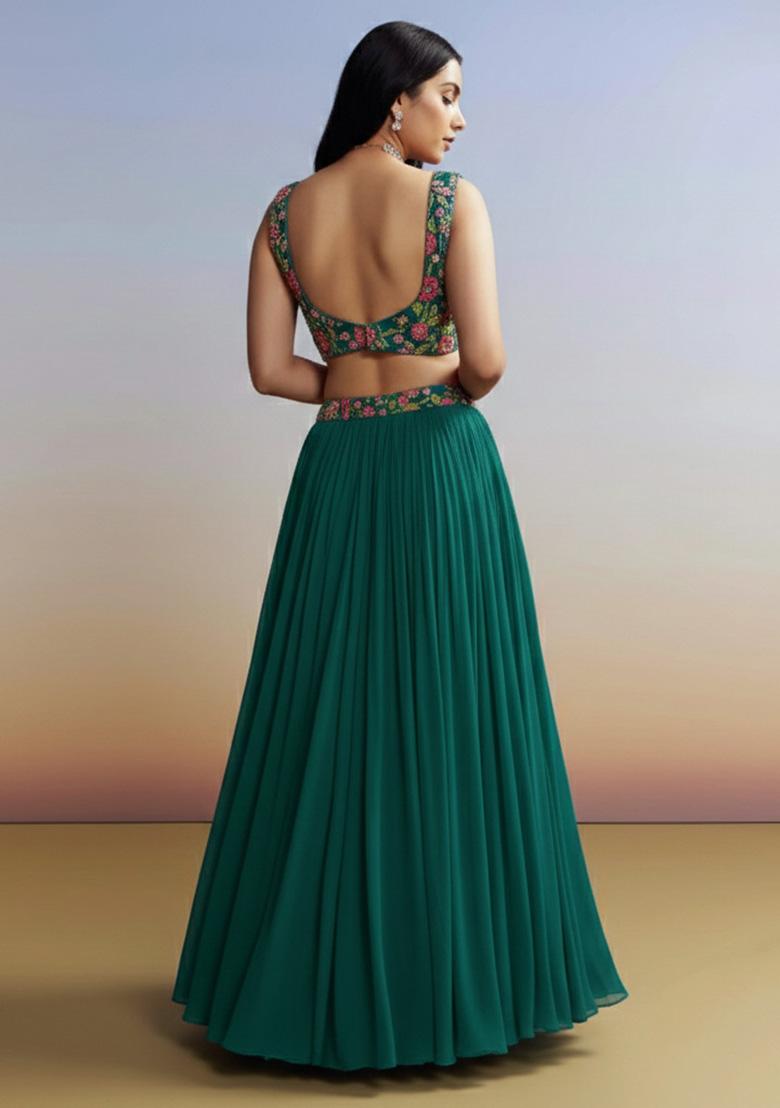 Teal Green Figure Print Crepe Lehenga Set - Indya