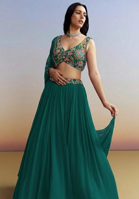 Teal Green Figure Print Crepe Lehenga Set