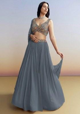 Midnight Blue Figure Print Crepe Lehenga Set