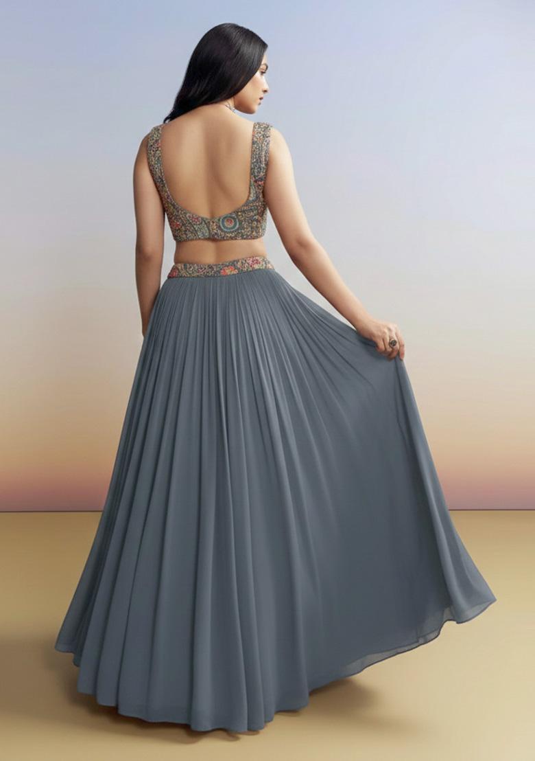 Midnight Blue Figure Print Crepe Lehenga Set - Indya