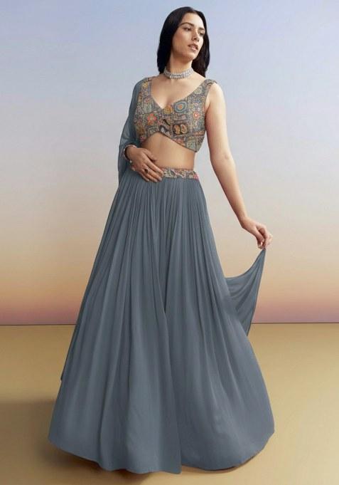 Midnight Blue Figure Print Crepe Lehenga Set