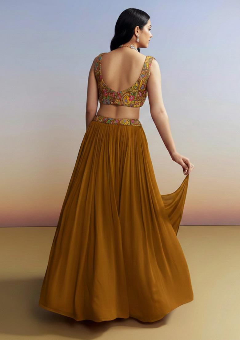 Mustard Figure Print Crepe Lehenga Set - Indya