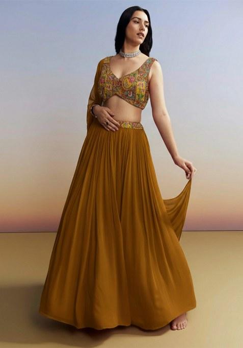 Mustard Figure Print Crepe Lehenga Set
