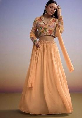 Peach Embroidered Crepe Lehenga Set