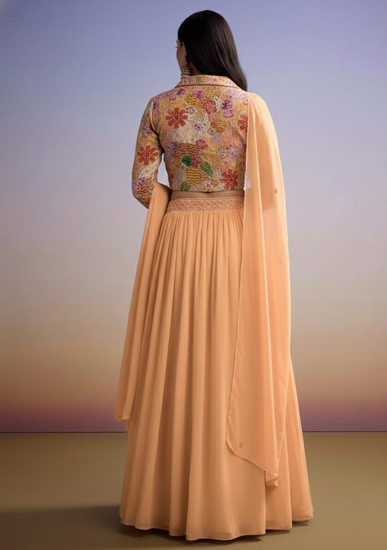 Peach Embroidered Crepe Lehenga Set - Indya